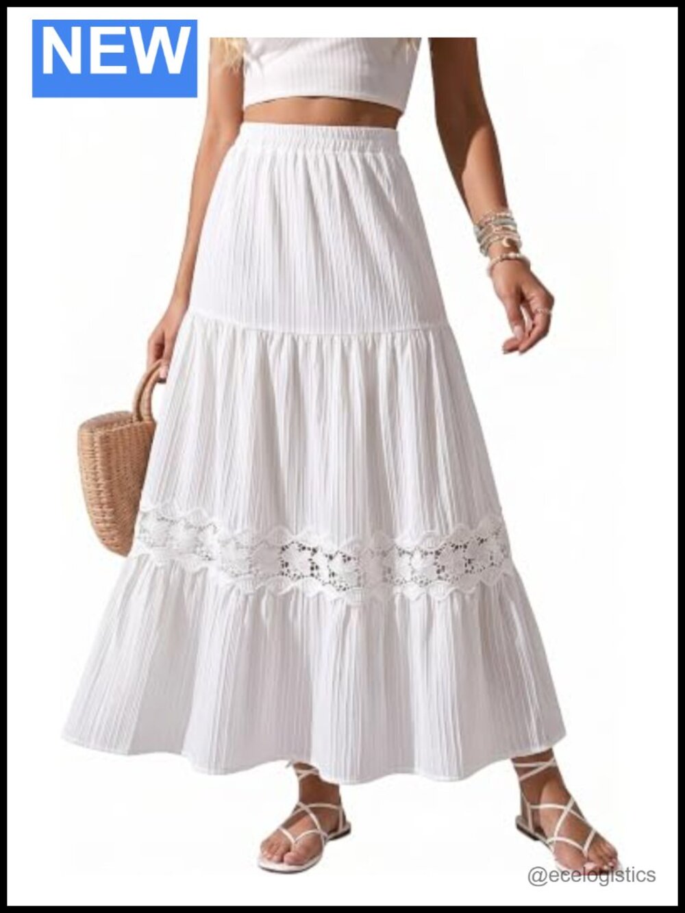 Boho Flowy Tiered Lace Patchwork Ruffle Maxi Skirt High Waist A-Line Summer